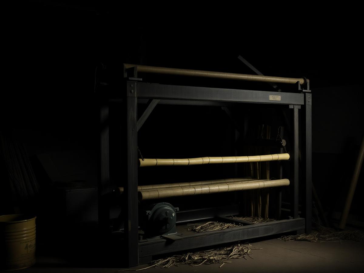 Bamboo processing machine in a dimly lit workshop
