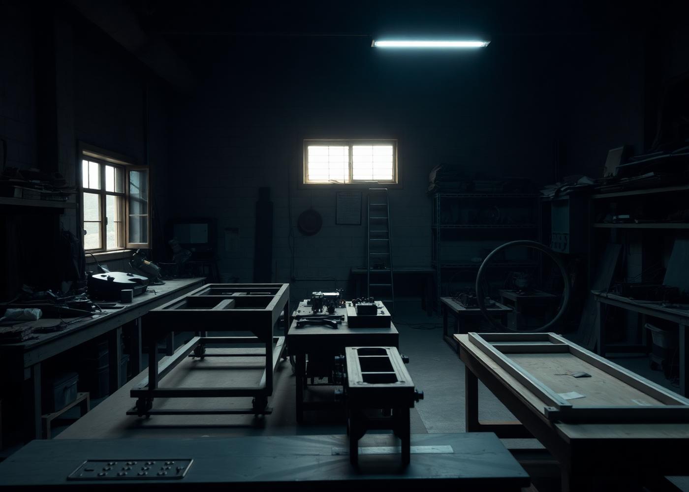 Workshop bench with prototype frames and components